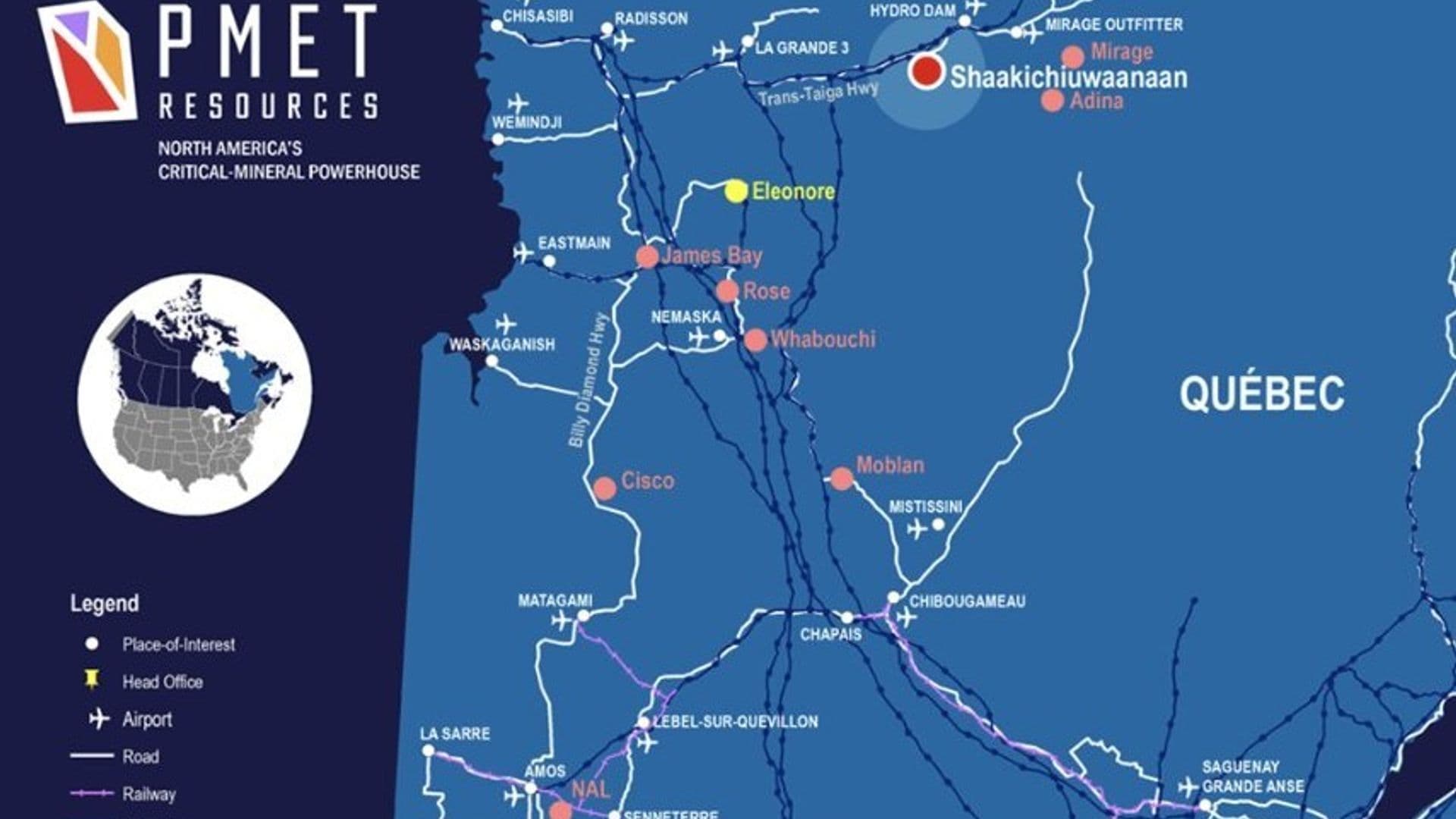 Emplacement du projet Shaakichiuwaanaan et infrastructures régionales