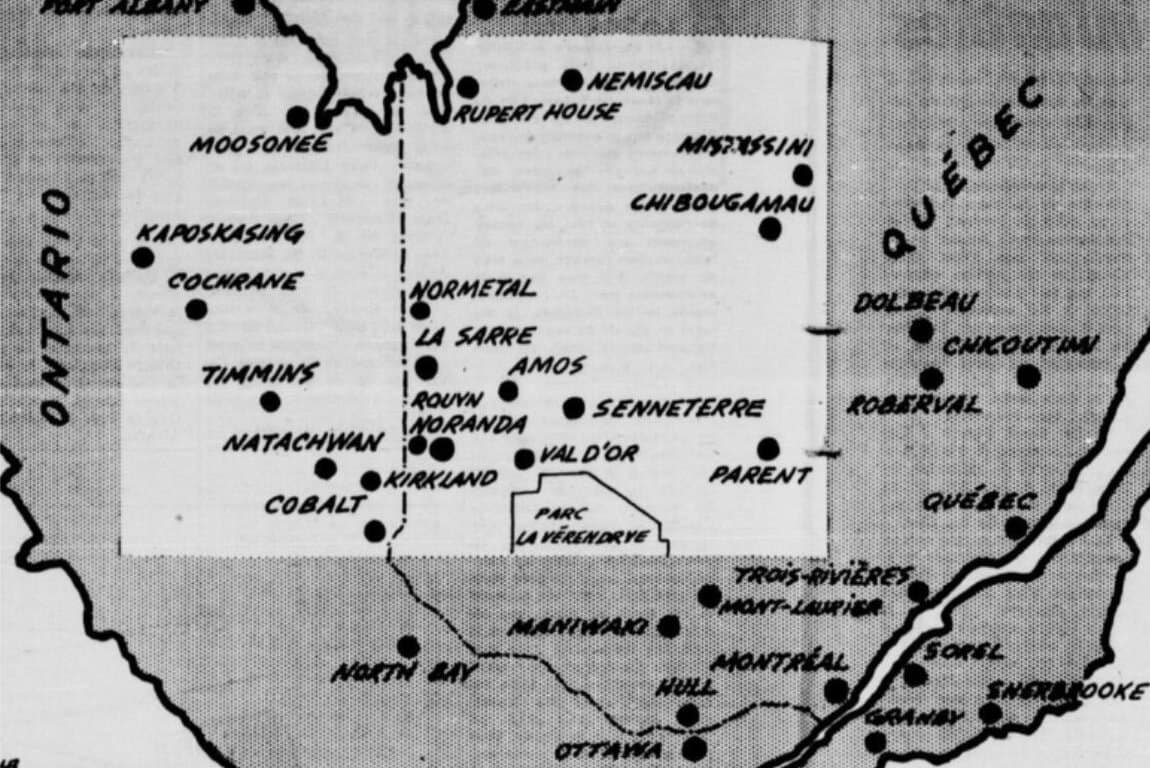 Carte du projet 11e province. Maurice Roy, dans Le Petit Journal. L'Abitibi veut se séparer du Québec, une onzième province? 13 novembre 1966.