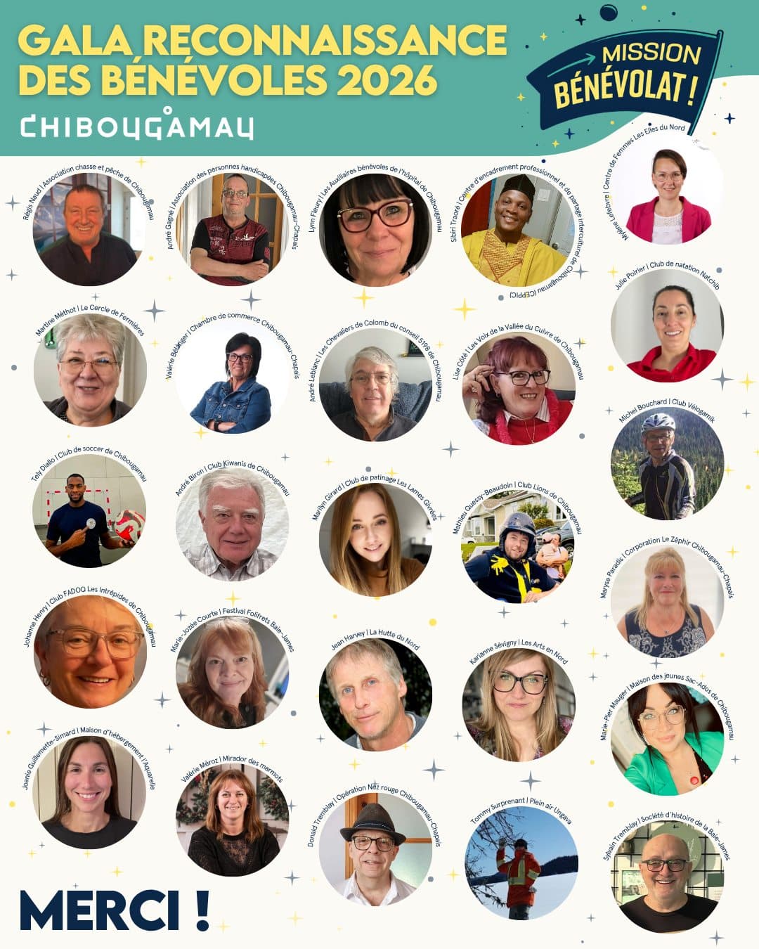 Liste des 26 bénévoles honorés par la Ville de Chibougamau, le 25 avril 2026